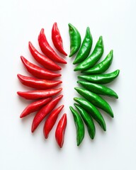 Obraz premium A visually striking arrangement of glossy red and green chili peppers forming pattern on a white background creating a fresh and spicy aesthetic