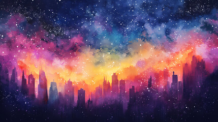 Fototapeta premium Vibrant cityscape at night bathed in the glow of a breathtaking multicolored starry sky. Glowing Nebula Cityscape. Illustration