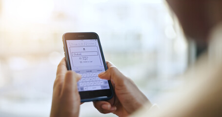 Business person, hand and phone screen for typing on internet for travel, holiday or vacation in Dubai. Closeup, search and information on website for flight on app, web or online for airplane ticket