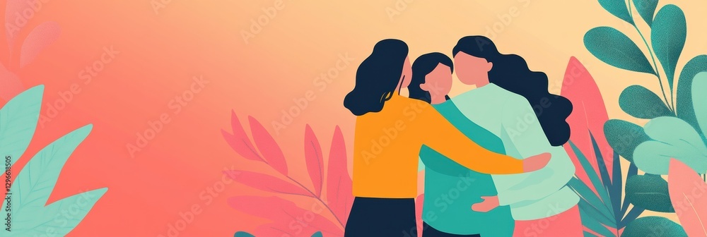 Poster three women embracing in a colorful setting surrounded by plants during a moments of connection and 