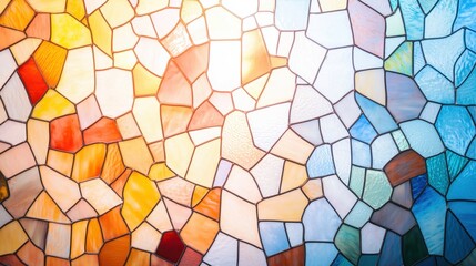 Close up view of a colorful stained glass window with intricate design and patterns