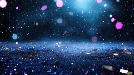 Blue glitter background with colorful confetti for party or celebration themes