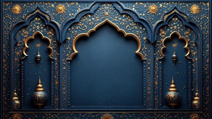 Intricate gold and blue Islamic-style archway with ornate detailing and empty central space.