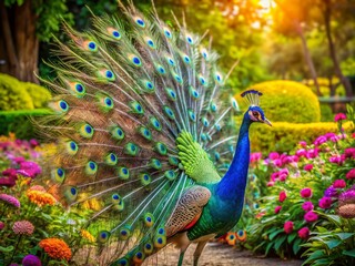 Obraz premium Majestic Peacock Displaying Vibrant Plumage in a Lush Garden