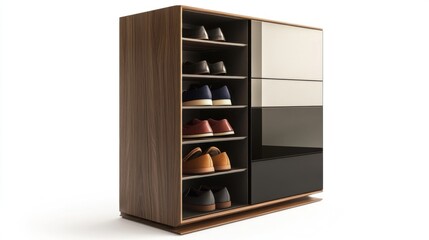 Shoes Stored in Wood Cabinet, White Background