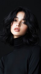 Naklejka premium A woman with long black hair is wearing a black shirt and a black necktie