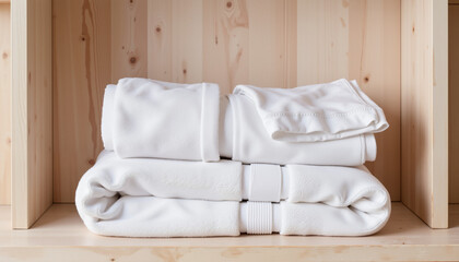 Elegant white spa towels stacked on wooden shelf, relaxation essence