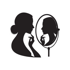 Woman watching her face in a mirror silhouette on white background. 
