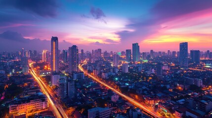 Fototapeta premium City Skyline Lights Under Pink Clouds