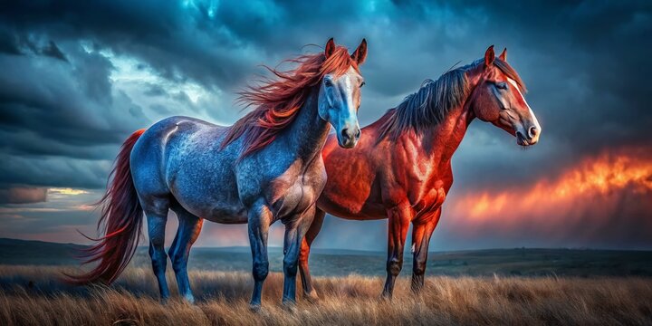 Majestic Red & Blue Roan Stallion Pair at Dusk - Wild Horses of the American West
