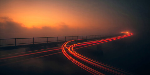 Obraz premium Long exposure of cars driving on bridge at sunset in fog