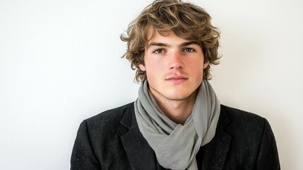 A young man stands confidently with a neutral expression, wearing a chic scarf and dark jacket. His casual yet fashionable look suggests a contemporary style