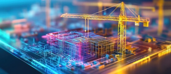 Futuristic building construction with crane.