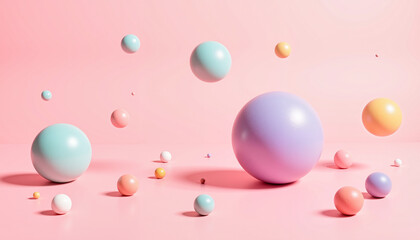 Floating pastel orbs casting shadows in abstract design, modern art
