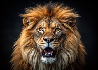 Fototapeta premium Majestic Roaring Lion Portrait - Dark Background Stock Photo