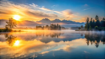 Fototapeta premium A serene sunrise over a misty lake with mountains in the background as day breaks after a peaceful night, sunrise, mountains