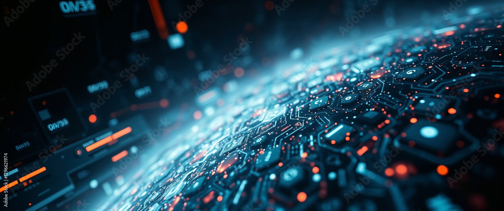 Poster futuristic earth with glowing circuitry and data flowing representing global communication