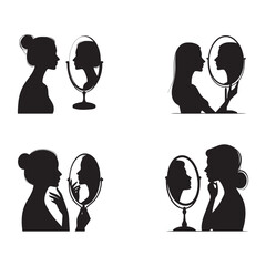 Set of woman watching her face in a mirror silhouette on white background. 