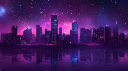 Fototapeta premium A city skyline with tall skyscrapers illuminated at night, with a reflection in the water below. the city is under a starry night sky, with a hazy nebula. Glowing Nebula Cityscape. Illustration