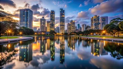 Fototapeta premium Darkened concrete jungle with modern skyscrapers reflected in calm waters of Maurice A Ferre Park at dusk, reflection, evening scene