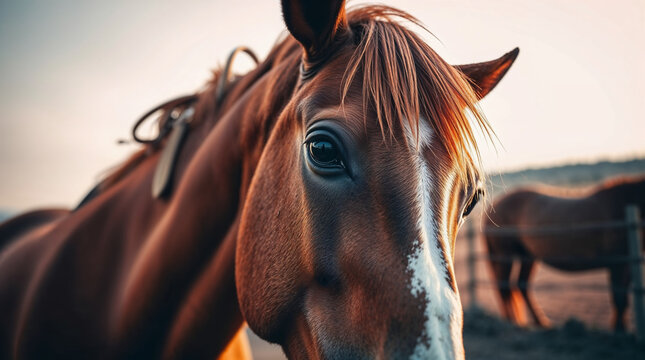 Buckskin brown horse looking in camera. Farm animals grazing on ranch at sunset