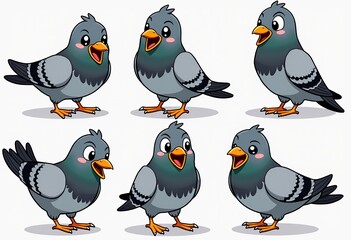 Obraz premium Gray Pigeon Emotions Vector Art: A Collection of Cute Pigeon Illustrations Featuring Happy, Sad, Angry, and Other Expressions, Rendered with Bold Comic Lines and Simple Strokes on White.