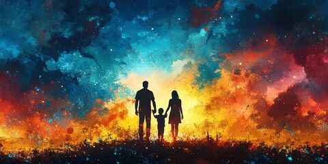 Fototapeta premium Watercolor painting of a family holding hands, depicting love and connection in a vibrant, colorful setting