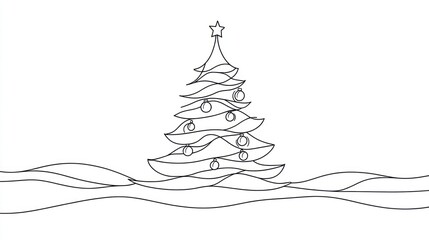 Minimalist line art Christmas tree on snowy landscape.