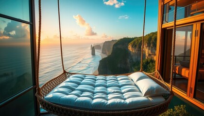 Fototapeta premium Suspended Cliffside Bed with Panoramic Glass Walls