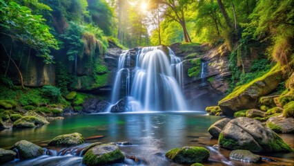 waterfall cascade down rocky cliff into serene forest stream, natural wonder