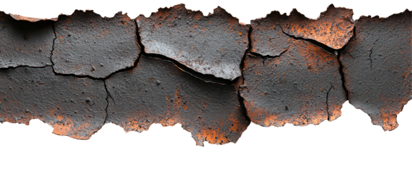 Weathered Aged Steel Metal with Torn Surface and Cracked Texture Isolate on Transparent Background, cutout, png