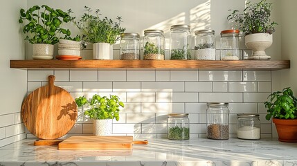 Rustic kitchen counter featuring a wooden cutting board surrounded by culinary essentials