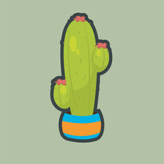cactus plant with blue yellow pot in outline flat vector design