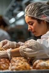 A skilled baker carefully arranging fresh pastry in a professional kitchen.