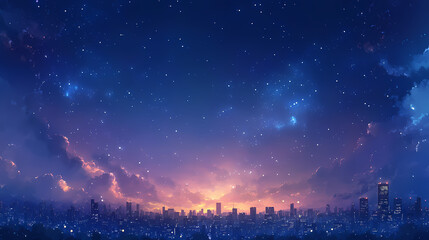 Naklejka premium A mesmerizing night cityscape with twinkling lights and a glowing nebula in the sky. Glowing Nebula Cityscape. Illustration