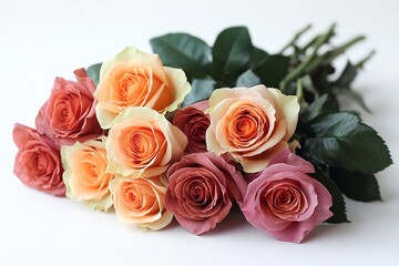 Naklejka premium A bouquet of multi-colored roses on a white background, with an emphasis on the texture of the petals.