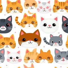 Whimsical Cat Faces: A delightful and colorful pattern showcases an array of charming cartoon cat faces with unique expressions and vibrant designs.