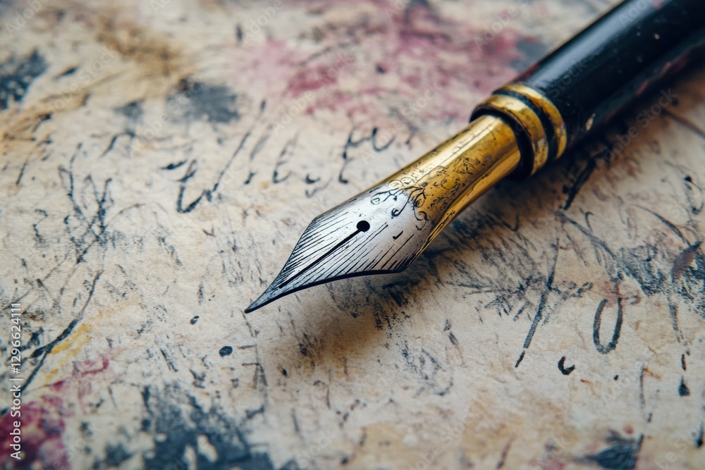 Poster Elegant fountain pen resting on aged textured paper creating a classic writing atmosphere. Generative AI