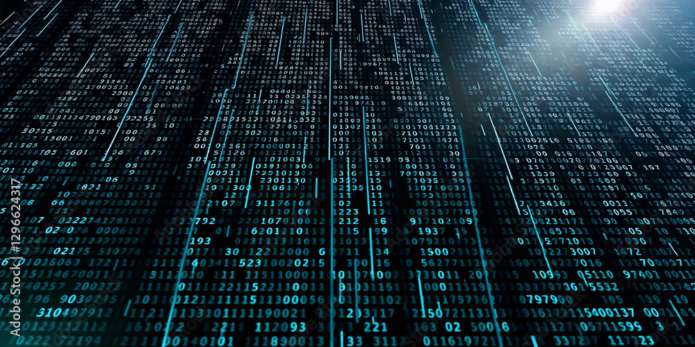 Poster Binary code streaming down a dark screen with light rays