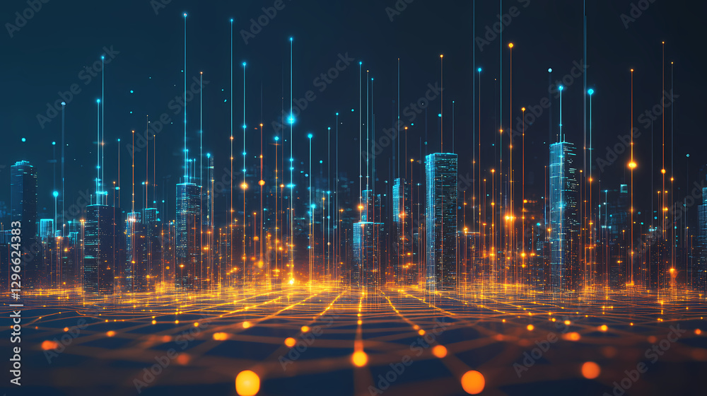 Wall mural abstract 3d rendering of a futuristic cityscape with glowing grids., generative ai. glowing nebula c