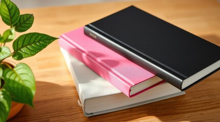 Fototapeta premium Art photograph of a book on a table, leaves in a vase plant 