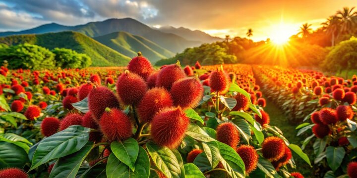 Annatto Seed Landscape Photography: Vibrant Red Fields, Tropical Plants, Natural Dye,  Achiote Harvest,  Exotic Scenery