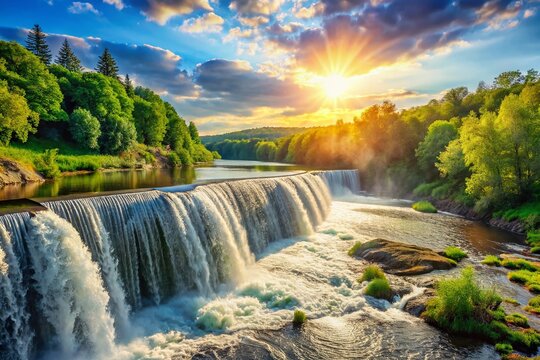 Majestic Teterev River Waterfall in Zhitomir, Ukraine: Scenic Dam and Lush Nature