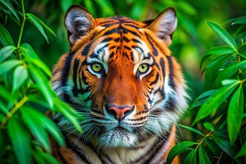 Fototapeta premium Majestic Tiger Close-Up: Piercing Green Eyes & Striking Stripes in Lush Foliage - Long Exposure Stock Photo