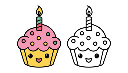 Cute Birthday Cupcake Vector – Kawaii Cartoon Cupcake with Candle for Celebration, Party, and Dessert Designs