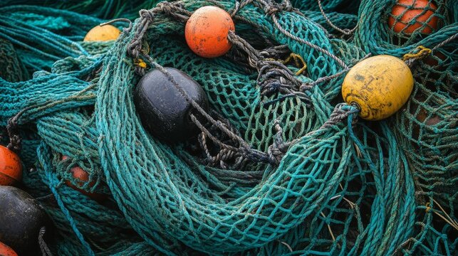 Colorful fishing nets with buoys in a nautical arrangement.