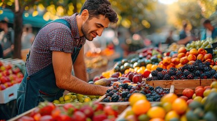 Young man arranging fresh fruits at vibrant outdoor market