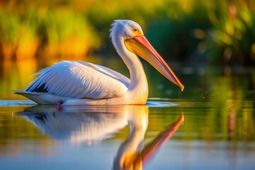 Majestic White Pelican with Pink Beak Gracefully Floating on Calm Pond Water