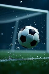 Naklejka premium Soccer ball in the net, success goal concept on stadium light background