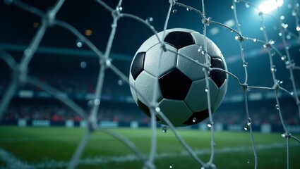 Soccer ball in the net, success goal concept on stadium light background